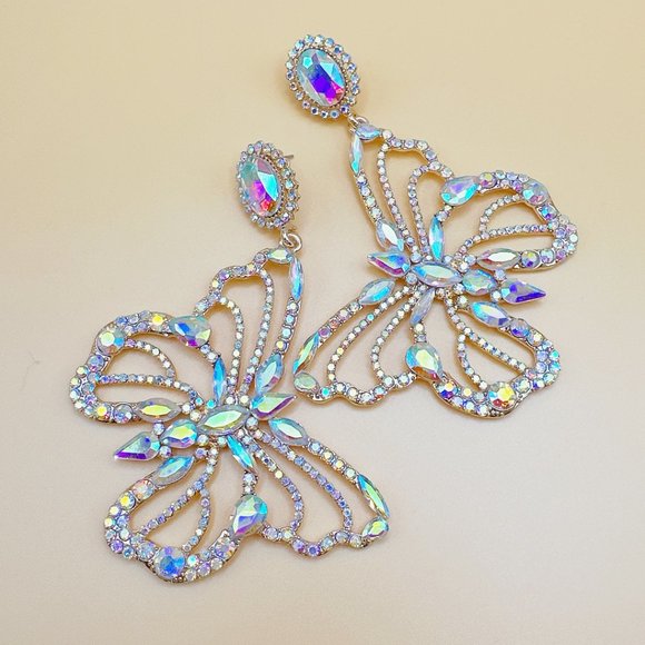 Aurora Borealis Rhinestone Large Butterfly Earring - Picture 5 of 11